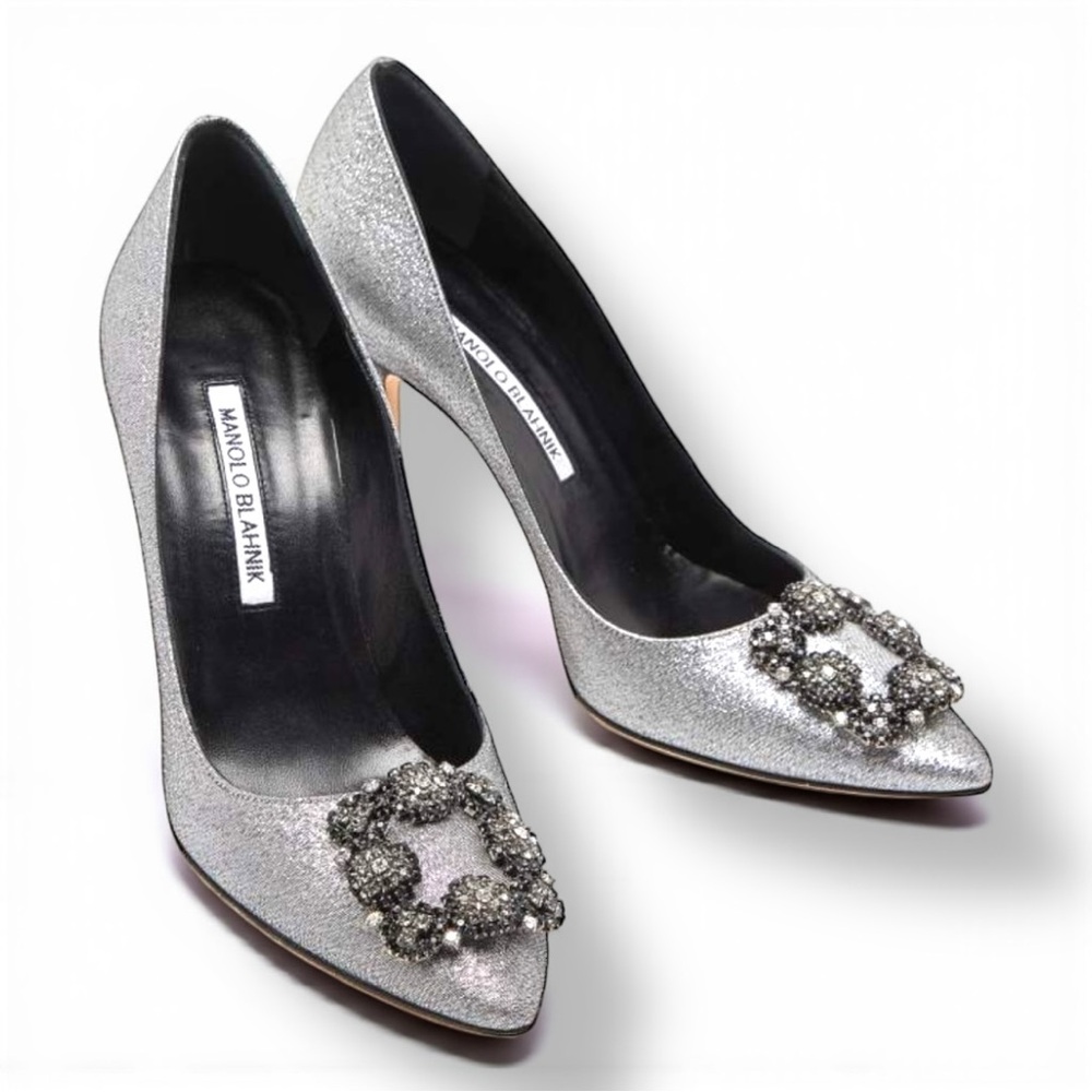 Manolo Blahnik Hangisi Pump in Silver Glitter Sz 36 1/2 (US Sz 6) Authenticated